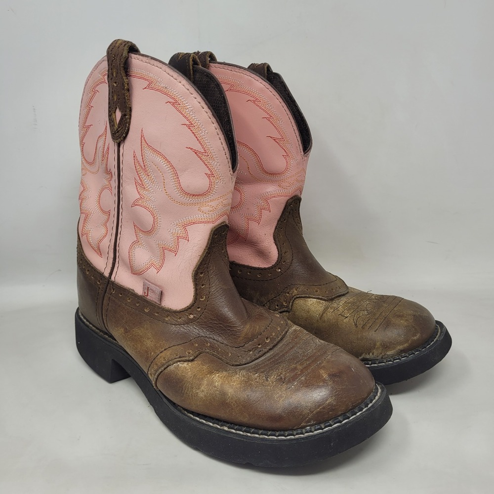 Justin Gypsy Boots 9.5 Brown Pink Leather Square Toe Western L9901 Ankle Cowgirl